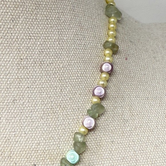 Fluorite Chips & Foil Glass Beads Necklace Vintage Pastels‎ Dainty Faux Pearls - Picture 8 of 9